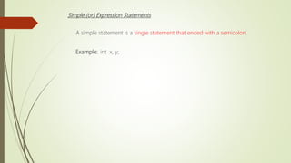 Simple (or) Expression Statements
A simple statement is a single statement that ended with a semicolon.
Example: int x, y;
 