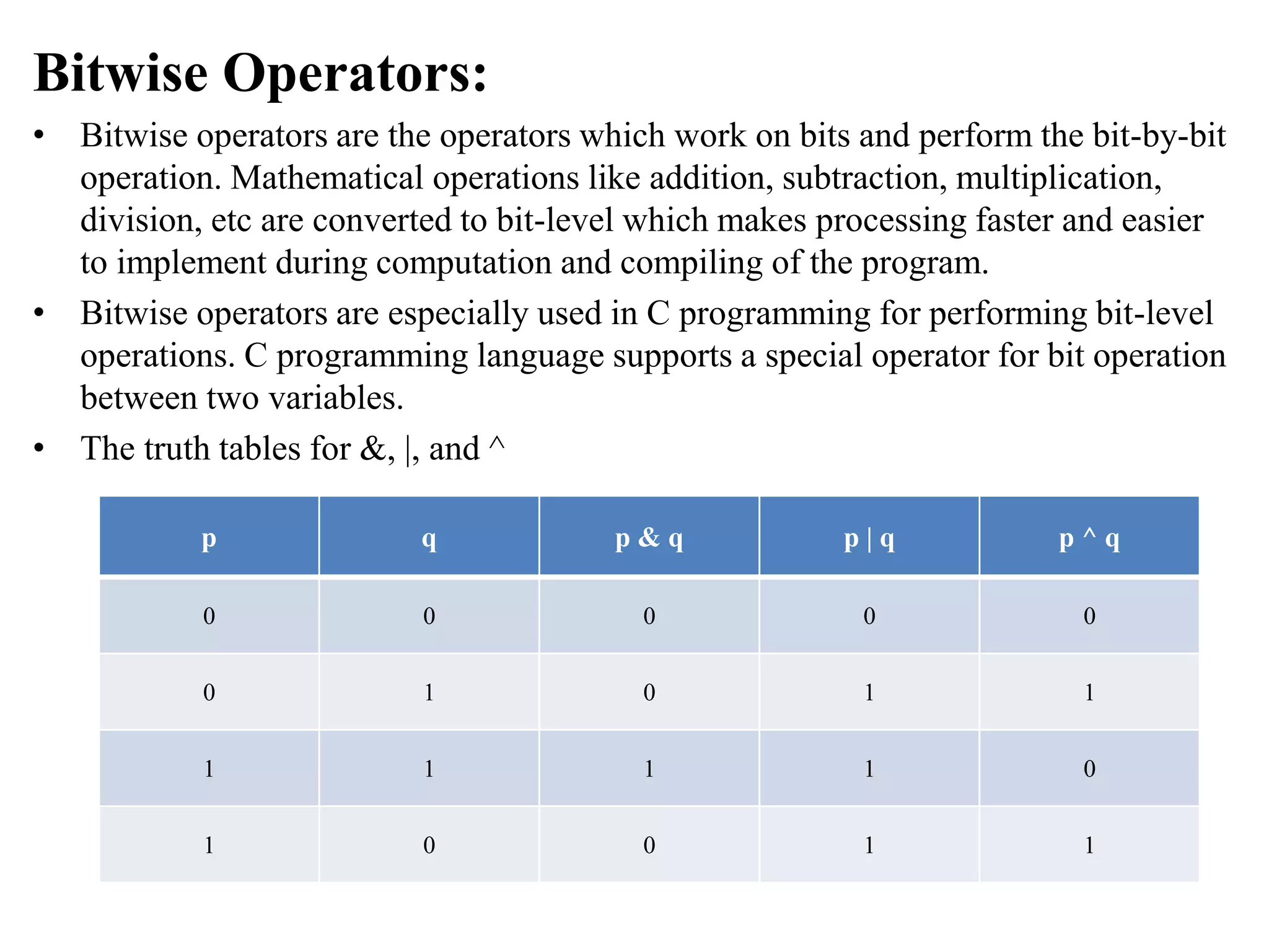 Bitwise Operators:
• Bitwise operators are the operators which work on bits and perform the bit-by-bit
operation. Mathematical operations like addition, subtraction, multiplication,
division, etc are converted to bit-level which makes processing faster and easier
to implement during computation and compiling of the program.
• Bitwise operators are especially used in C programming for performing bit-level
operations. C programming language supports a special operator for bit operation
between two variables.
• The truth tables for &, |, and ^
p q p & q p | q p ^ q
0 0 0 0 0
0 1 0 1 1
1 1 1 1 0
1 0 0 1 1
 