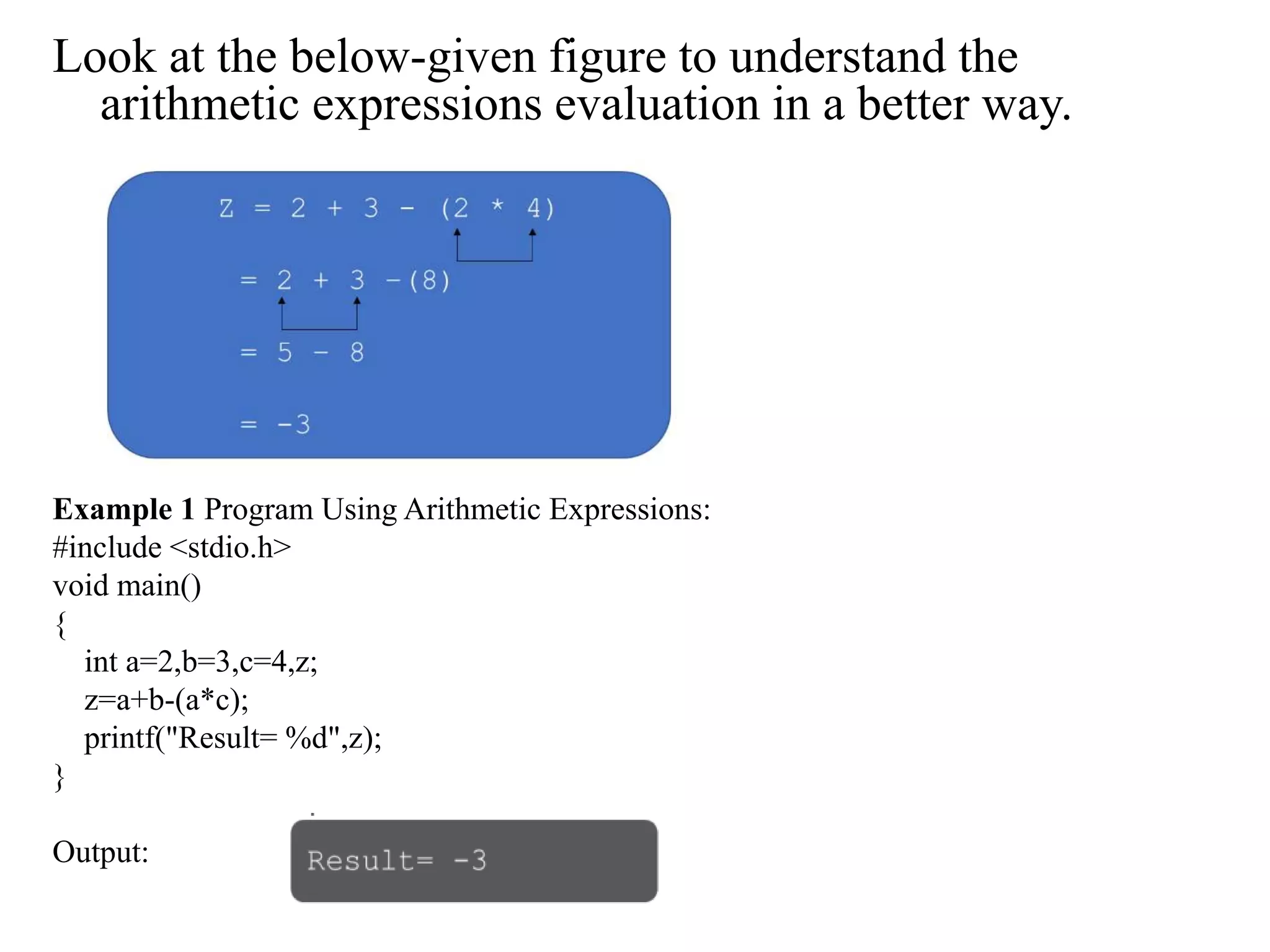 Look at the below-given figure to understand the
arithmetic expressions evaluation in a better way.
Example 1 Program Using Arithmetic Expressions:
#include <stdio.h>
void main()
{
int a=2,b=3,c=4,z;
z=a+b-(a*c);
printf("Result= %d",z);
}
Output:
 
