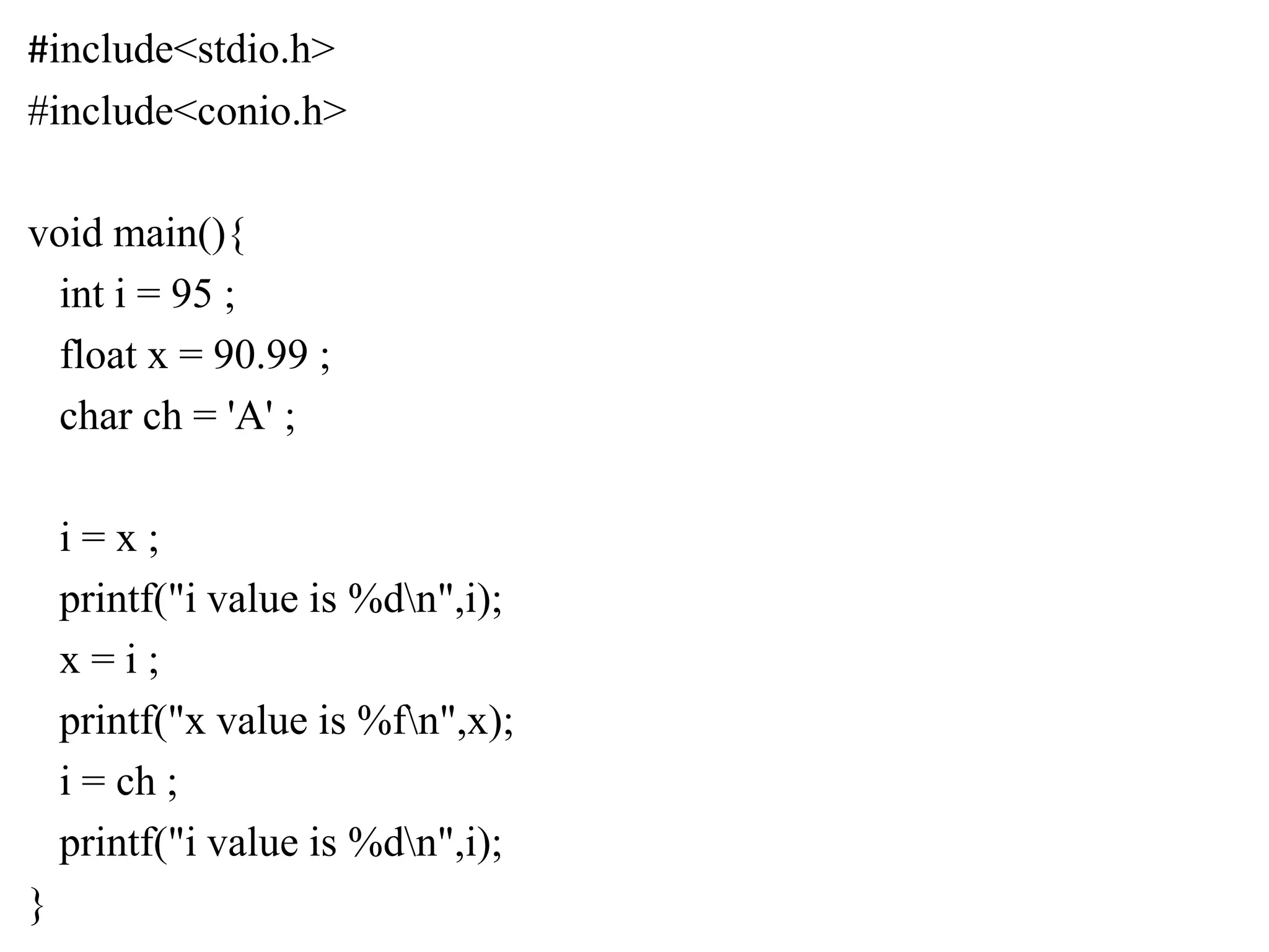 #include<stdio.h>
#include<conio.h>
void main(){
int i = 95 ;
float x = 90.99 ;
char ch = 'A' ;
i = x ;
printf("i value is %dn",i);
x = i ;
printf("x value is %fn",x);
i = ch ;
printf("i value is %dn",i);
}
 