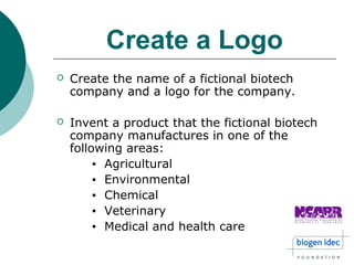 Create a Logo 
 Create the name of a fictional biotech 
company and a logo for the company. 
 Invent a product that the fictional biotech 
company manufactures in one of the 
following areas: 
▪ Agricultural 
▪ Environmental 
▪ Chemical 
▪ Veterinary 
▪ Medical and health care 
 