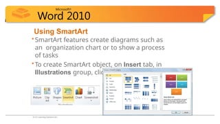 Microsoft®
Word 2010
Using SmartArt
•SmartArt features create diagrams such as
an organization chart or to show a process
of tasks
•To create SmartArt object, on Insert tab, in
Illustrations group, click SmartArt
© CCI Learning Solutions Inc.
 