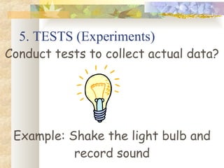 5. TESTS (Experiments) Conduct tests to collect actual data? Example: Shake the light bulb and record sound 