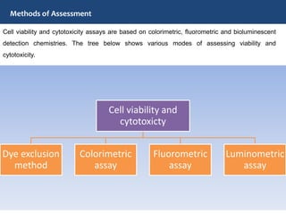 Methods of Assessment
Cell viability and cytotoxicity assays are based on colorimetric, fluorometric and bioluminescent
detection chemistries. The tree below shows various modes of assessing viability and
cytotoxicity.
Cell viability and
cytotoxicty
Dye exclusion
method
Colorimetric
assay
Fluorometric
assay
Luminometric
assay
 