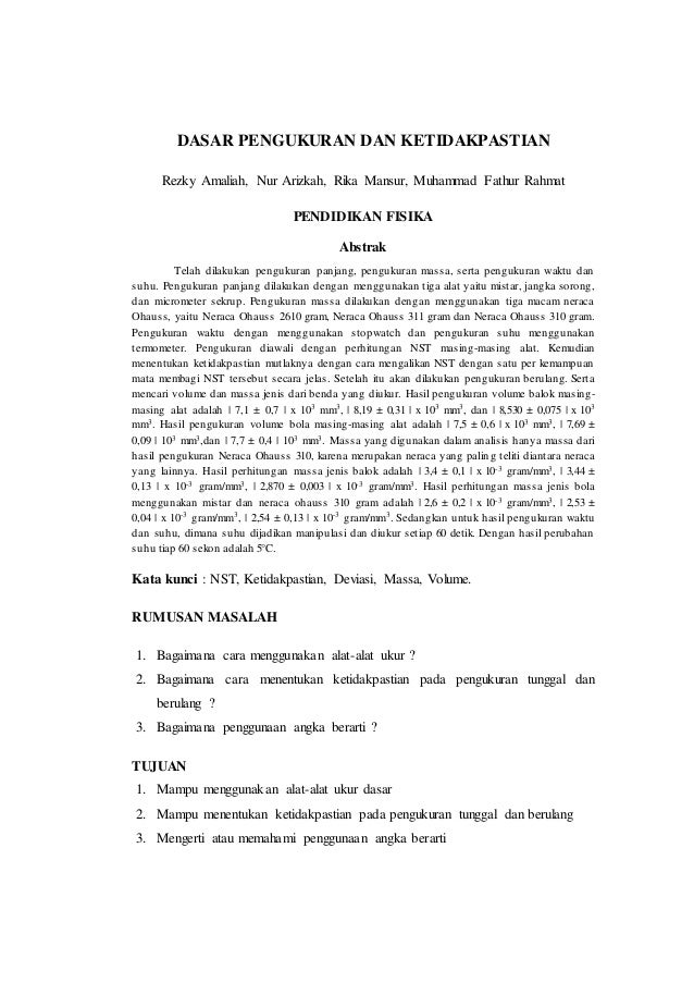 Contoh Laporan Praktikum Fisika Dasar Pengukuran Dan Kesalahan Kumpulan Contoh Laporan