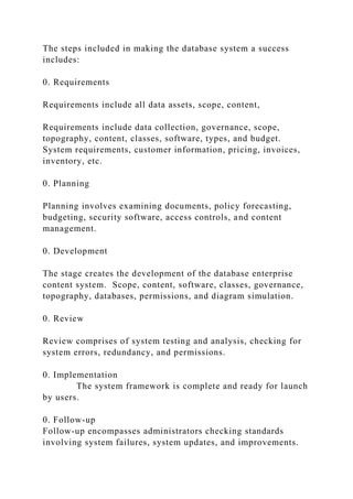 The steps included in making the database system a success
includes:
0. Requirements
Requirements include all data assets, scope, content,
Requirements include data collection, governance, scope,
topography, content, classes, software, types, and budget.
System requirements, customer information, pricing, invoices,
inventory, etc.
0. Planning
Planning involves examining documents, policy forecasting,
budgeting, security software, access controls, and content
management.
0. Development
The stage creates the development of the database enterprise
content system. Scope, content, software, classes, governance,
topography, databases, permissions, and diagram simulation.
0. Review
Review comprises of system testing and analysis, checking for
system errors, redundancy, and permissions.
0. Implementation
The system framework is complete and ready for launch
by users.
0. Follow-up
Follow-up encompasses administrators checking standards
involving system failures, system updates, and improvements.
 
