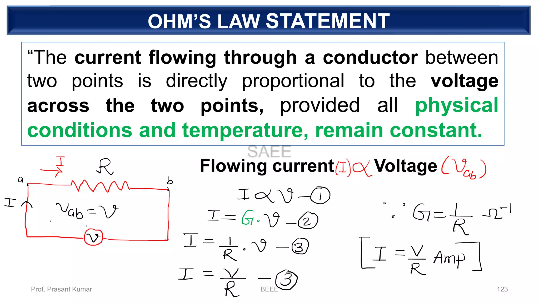 DEPENDENT SOURCEOHM’S LAW STATEMENT
“The current flowing through a conductor between
two points is directly proportional to the voltage
across the two points, provided all physical
conditions and temperature, remain constant.
Flowing current Voltage
Prof. Prasant Kumar BEEE 123
 