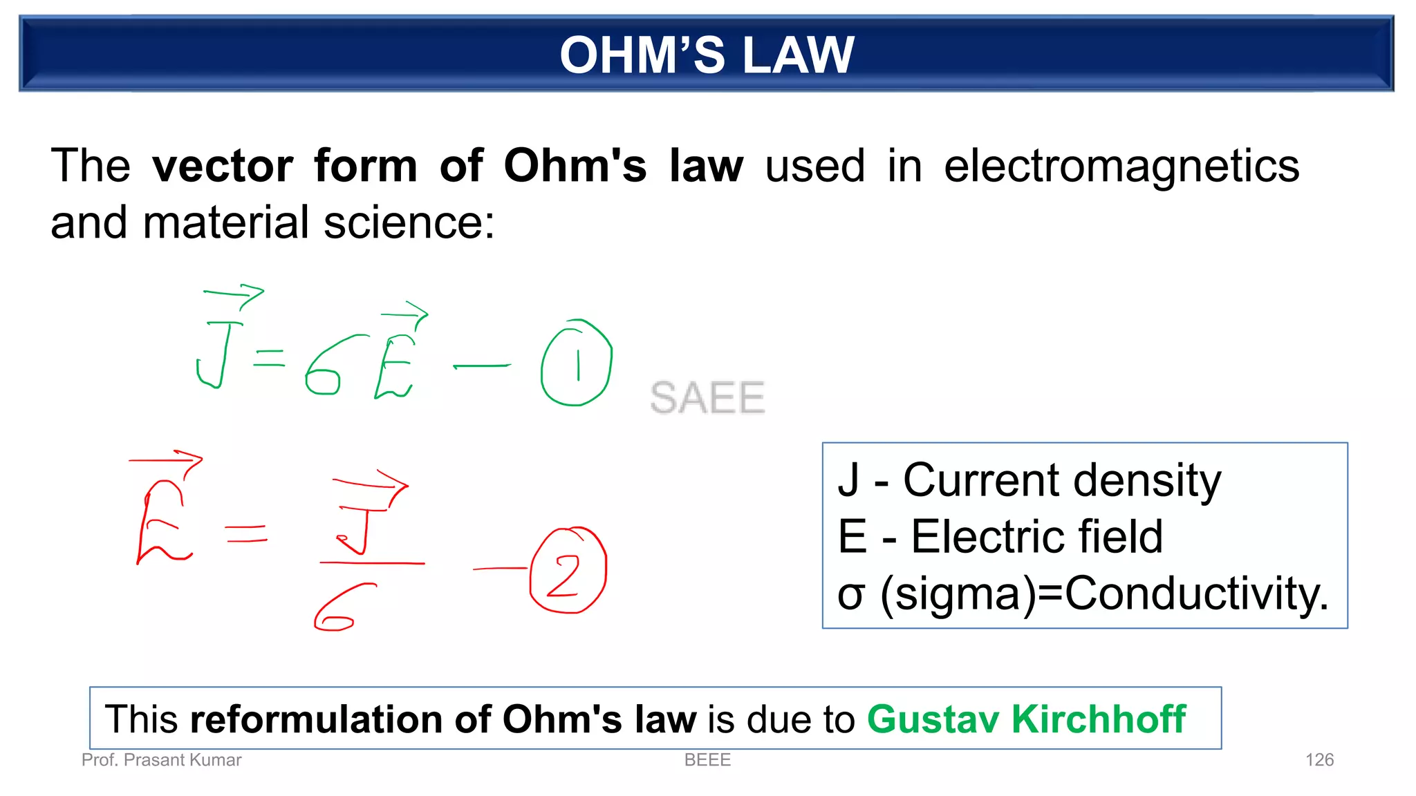 DEPENDENT SOURCEOHM’S LAW
The vector form of Ohm's law used in electromagnetics
and material science:
J - Current density
E - Electric field
σ (sigma)=Conductivity.
This reformulation of Ohm's law is due to Gustav Kirchhoff
Prof. Prasant Kumar BEEE 126
 