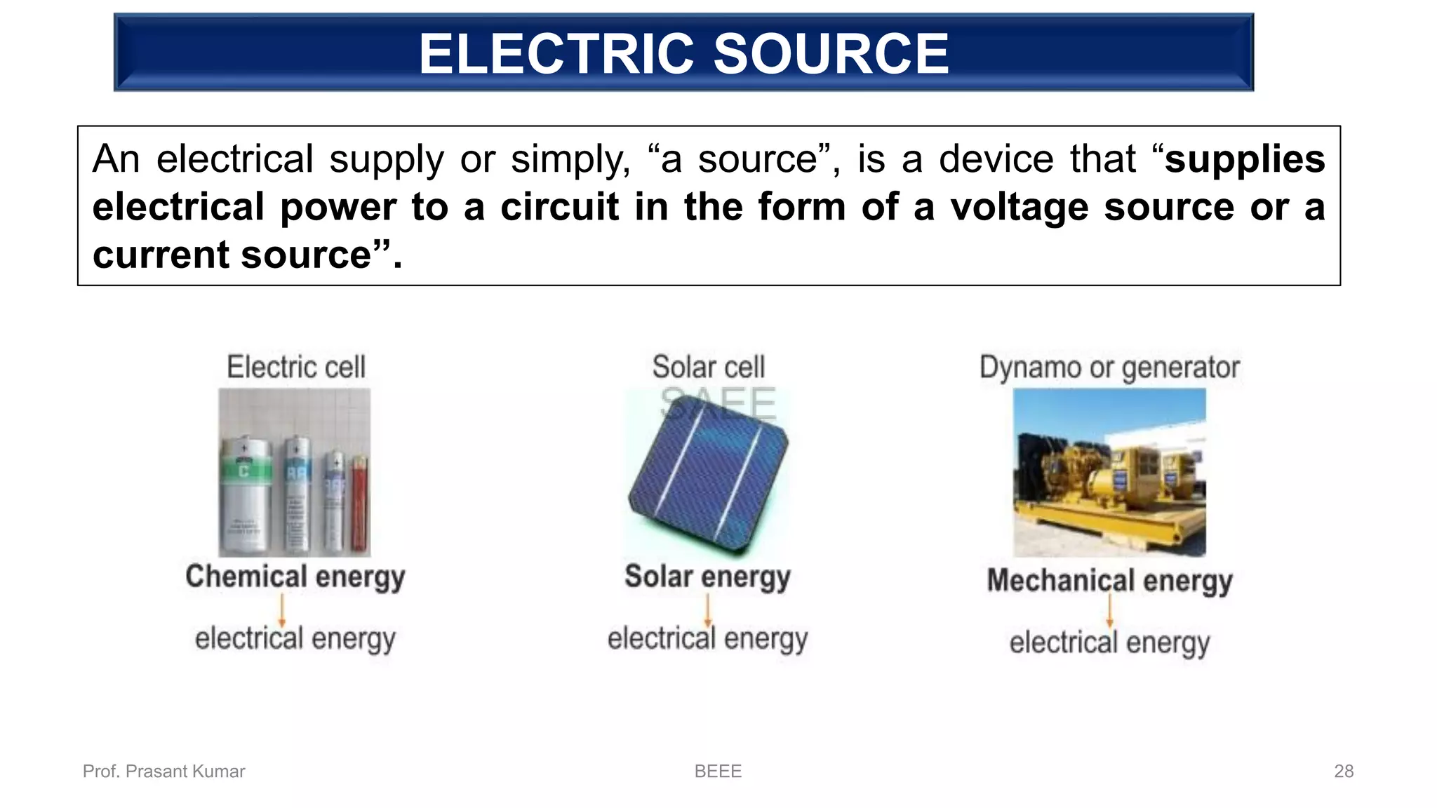 ELECTRIC SOURCE
An electrical supply or simply, “a source”, is a device that “supplies
electrical power to a circuit in the form of a voltage source or a
current source”.
Prof. Prasant Kumar BEEE 28
 