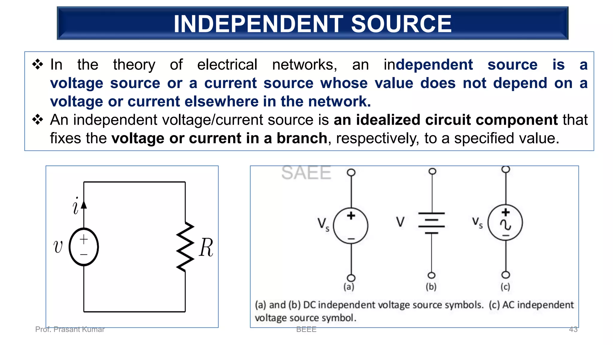 INDEPENDENT SOURCE
❖ In the theory of electrical networks, an independent source is a
voltage source or a current source whose value does not depend on a
voltage or current elsewhere in the network.
❖ An independent voltage/current source is an idealized circuit component that
fixes the voltage or current in a branch, respectively, to a specified value.
Prof. Prasant Kumar BEEE 43
 
