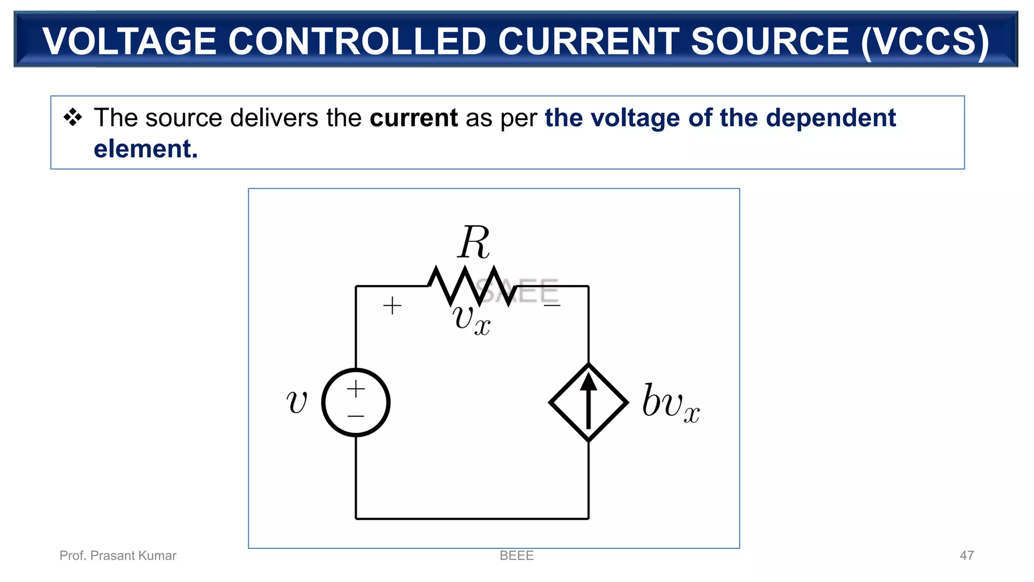DEPENDENT SOURCEVOLTAGE CONTROLLED CURRENT SOURCE (VCCS)
❖ The source delivers the current as per the voltage of the dependent
element.
Prof. Prasant Kumar BEEE 47
 