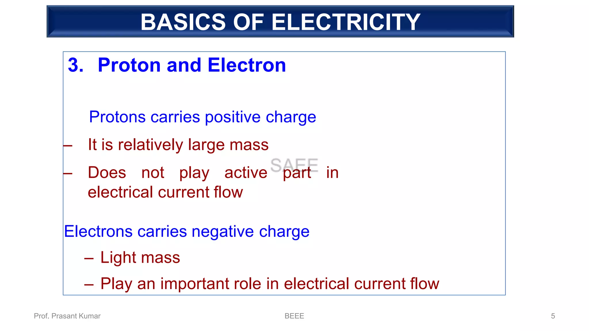 3. Proton and Electron
Protons carries positive charge
– It is relatively large mass
– Does not play active part in
electrical current flow
Electrons carries negative charge
– Light mass
– Play an important role in electrical current flow
Fundamental of ElectricityBASICS OF ELECTRICITY
Prof. Prasant Kumar BEEE 5
 