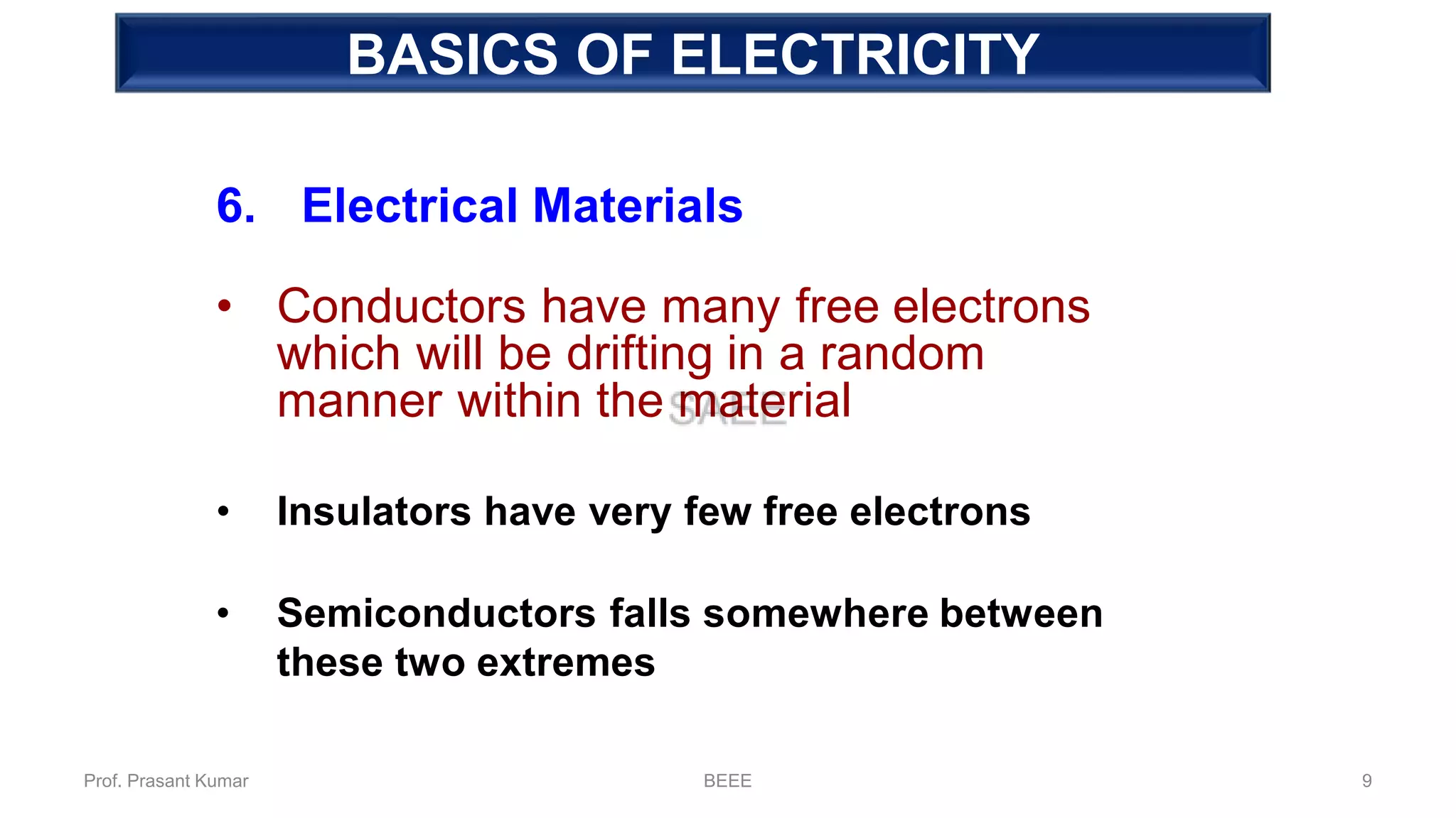 Fundamental of Electricity
6. Electrical Materials
• Conductors have many free electrons
which will be drifting in a random
manner within the material
• Insulators have very few free electrons
• Semiconductors falls somewhere between
these two extremes
BASICS OF ELECTRICITY
Prof. Prasant Kumar BEEE 9
 