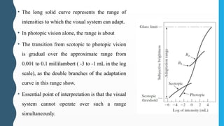 • The long solid curve represents the range of
intensities to which the visual system can adapt.
• In photopic vision alone, the range is about
• The transition from scotopic to photopic vision
is gradual over the approximate range from
0.001 to 0.1 millilambert ( -3 to -1 mL in the log
scale), as the double branches of the adaptation
curve in this range show.
• Essential point of interpretation is that the visual
system cannot operate over such a range
simultaneously.
 