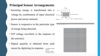 • Incoming energy is transformed into a
voltage by combination of input electrical
power and sensor material.
• Sensor is responsive to the particular type
of energy being detected.
• O/P voltage waveform is the response of
the sensor(s).
• Digital quantity is obtained from each
sensor by digitizing its response.
Principal Sensor Arrangements
 