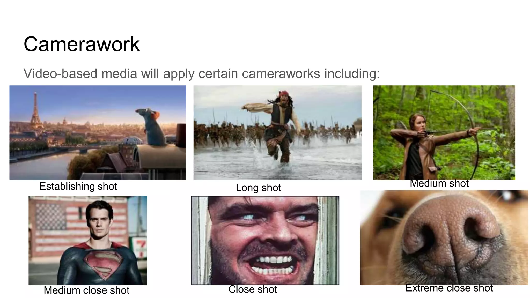 Camerawork
Video-based media will apply certain cameraworks including:
Establishing shot Long shot Medium shot
Medium close shot Close shot Extreme close shot
 