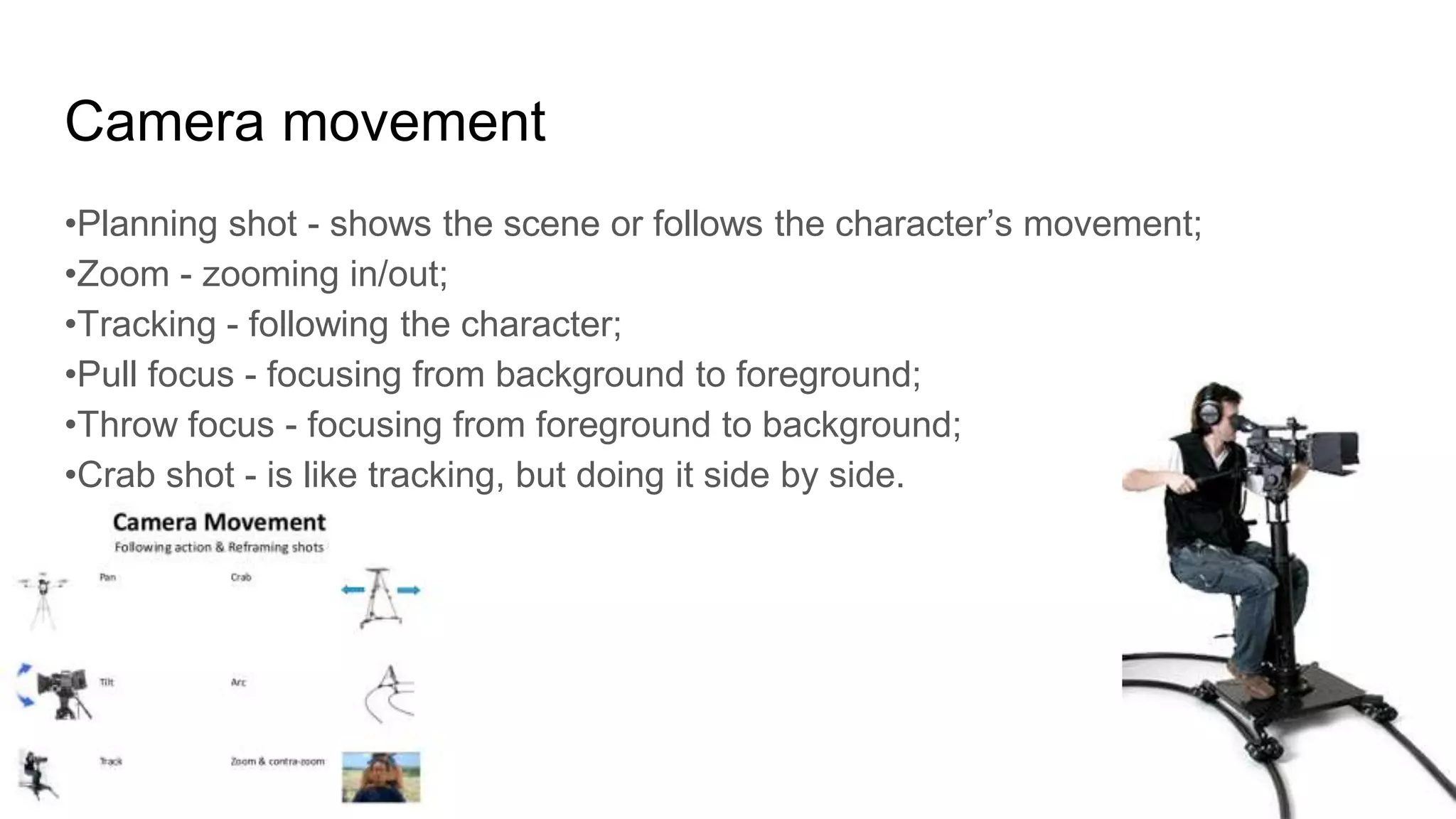 Camera movement
•Planning shot - shows the scene or follows the character’s movement;
•Zoom - zooming in/out;
•Tracking - following the character;
•Pull focus - focusing from background to foreground;
•Throw focus - focusing from foreground to background;
•Crab shot - is like tracking, but doing it side by side.
 
