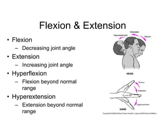Flexion & Extension
• Flexion
– Decreasing joint angle
• Extension
– Increasing joint angle
• Hyperflexion
– Flexion beyond normal
range
• Hyperextension
– Extension beyond normal
range
 