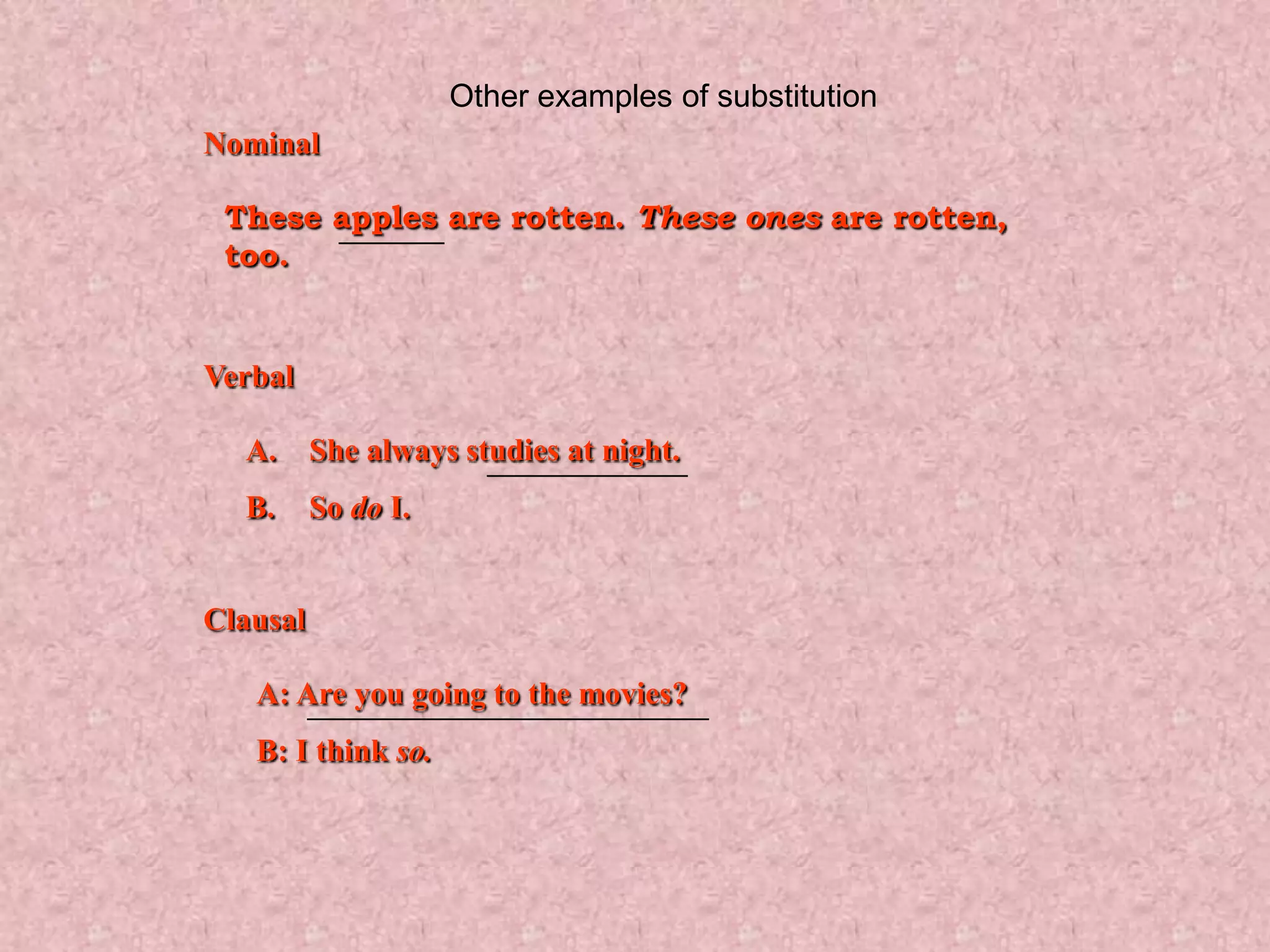 Other examples of substitution
Nominal

 These apples are rotten. These ones are rotten,
 too.


Verbal

  A.      She always studies at night.
  B.      So do I.


Clausal

   A: Are you going to the movies?
   B: I think so.
 