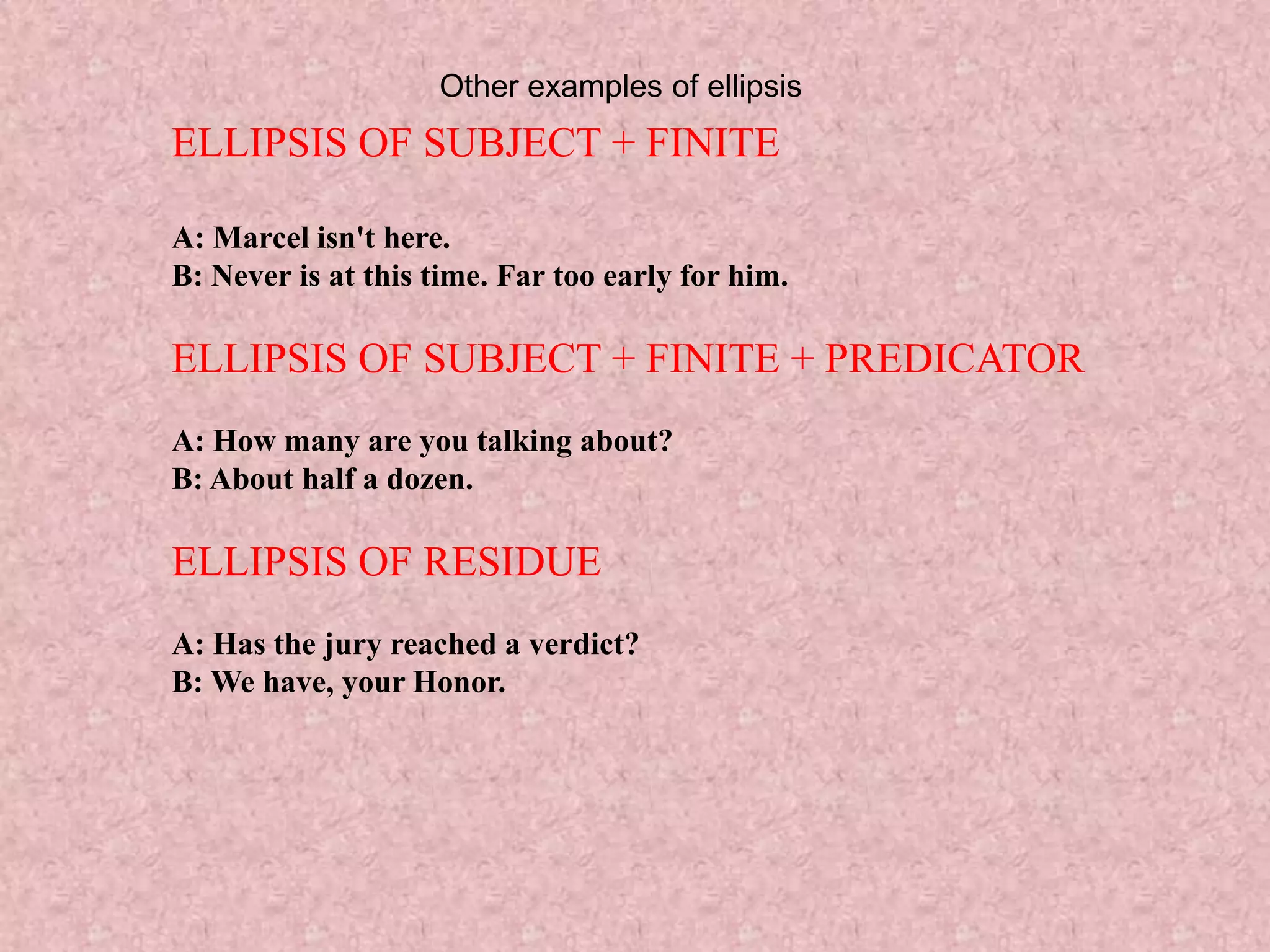 Other examples of ellipsis
ELLIPSIS OF SUBJECT + FINITE

A: Marcel isn't here.
B: Never is at this time. Far too early for him.

ELLIPSIS OF SUBJECT + FINITE + PREDICATOR
A: How many are you talking about?
B: About half a dozen.

ELLIPSIS OF RESIDUE
A: Has the jury reached a verdict?
B: We have, your Honor.
 