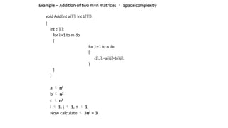 Example – Addition of two m×n matrices  Space complexity
void Add(int a[][], int b[][])
{
int c[][];
for i:=1 to m do
{
for j:=1 to n do
{
c[i,j]:=a[i,j]+b[i,j];
}
}
}
a  n2
b  n2
c  n2
i  1, j  1, n  1
Now calculate  3n2
+ 3
 