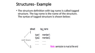 Structures- Example
• The structure definition with tag name is called tagged
structure. The tag name is the name of the structure.
The syntax of tagged structure is shown below:
 
