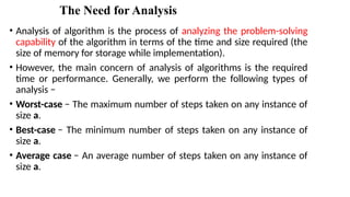 The Need for Analysis
• Analysis of algorithm is the process of analyzing the problem-solving
capability of the algorithm in terms of the time and size required (the
size of memory for storage while implementation).
• However, the main concern of analysis of algorithms is the required
time or performance. Generally, we perform the following types of
analysis −
• Worst-case − The maximum number of steps taken on any instance of
size a.
• Best-case − The minimum number of steps taken on any instance of
size a.
• Average case − An average number of steps taken on any instance of
size a.
 