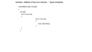 Example – Addition of two m×n matrices  Space complexity
void Add(int a[][], int b[][])
{
int c[][];
for i:=1 to m do
{
for j:=1 to n do
{
c[i,j]:=a[i,j]+b[i,j];
}
}
}
 