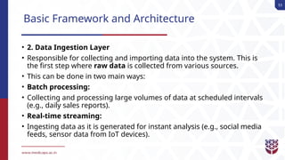 53
Basic Framework and Architecture
• 2. Data Ingestion Layer
• Responsible for collecting and importing data into the system. This is
the first step where raw data is collected from various sources.
• This can be done in two main ways:
• Batch processing:
• Collecting and processing large volumes of data at scheduled intervals
(e.g., daily sales reports).
• Real-time streaming:
• Ingesting data as it is generated for instant analysis (e.g., social media
feeds, sensor data from IoT devices).
 