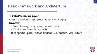 55
Basic Framework and Architecture
• 4. Data Processing Layer
• Cleans, transforms, and prepares data for analysis.
• Involves:
• Data cleaning, integration, normalization.
• ETL (Extract, Transform, Load).
• Tools: Apache Spark, Pandas, Hadoop, SQL queries, MapReduce.
 