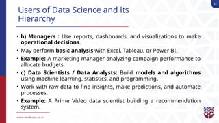 81
Users of Data Science and its
Hierarchy
• b) Managers : Use reports, dashboards, and visualizations to make
operational decisions.
• May perform basic analysis with Excel, Tableau, or Power BI.
• Example: A marketing manager analyzing campaign performance to
allocate budgets.
• c) Data Scientists / Data Analysts: Build models and algorithms
using machine learning, statistics, and programming.
• Work with raw data to find insights, make predictions, and automate
processes.
• Example: A Prime Video data scientist building a recommendation
system.
 