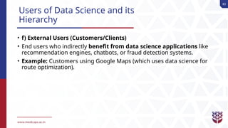 83
Users of Data Science and its
Hierarchy
• f) External Users (Customers/Clients)
• End users who indirectly benefit from data science applications like
recommendation engines, chatbots, or fraud detection systems.
• Example: Customers using Google Maps (which uses data science for
route optimization).
 