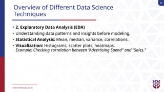 85
Overview of Different Data Science
Techniques
• 2. Exploratory Data Analysis (EDA)
• Understanding data patterns and insights before modeling.
• Statistical Analysis: Mean, median, variance, correlations.
• Visualization: Histograms, scatter plots, heatmaps.
Example: Checking correlation between “Advertising Spend” and “Sales.”
 