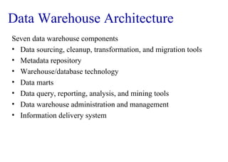 10
Seven data warehouse components
• Data sourcing, cleanup, transformation, and migration tools
• Metadata repository
• Warehouse/database technology
• Data marts
• Data query, reporting, analysis, and mining tools
• Data warehouse administration and management
• Information delivery system
Data Warehouse Architecture
IFETCE/CSE/III YEAR/VI SEM/IT6702/DWDM/PPT/UNIT-1/ VER 1.2
 