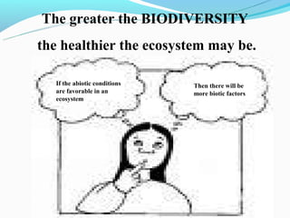The greater the BIODIVERSITY
the healthier the ecosystem may be.

   If the abiotic conditions   Then there will be
   are favorable in an         more biotic factors
   ecosystem
 