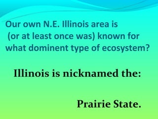 Our own N.E. Illinois area is
(or at least once was) known for
what dominent type of ecosystem?

 Illinois is nicknamed the:

               Prairie State.
 