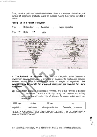 Dr G SUBBARAO, PROFESSOR, A V N INSTITUTE OF ENGG & TECH , HYD MOB: 9494413053
Page10
Thus, from the producer towards consumers, there is a reverse position i.e., the
number of organisms gradually shows an increase making the pyramid inverted in
shape.
For eg: (3) in a Forest ecosystem
Tree Birds / deer Parasites Hyper parasites
Tree Birds eagle
2. The Pyramid of Biomass: The amount of organic matter present in
environment is called biomass. In pyramids of biomass, the relationship between
different trophic levels is mentioned in terms of weight of organisms. The
pyramid may be upright for grassland ecosystem and inverted for pond
ecosystem.
Eg: A vegetation produces a biomass of 1000 kg. Out of this 100 kgs of biomass
for herbivores, which in turn only 10 kg of biomass for primary
carnivores that gives rise 1 kg of biomass for second order carnivores
and so on…
1000 kgs 100 kgs 10 kgs 1 kg
Vegetation Herbivores primary carnivores Secondary carnivores
HENCE, A VEGETARIAN DIET CAN SUPPORT A LARGER POPULATION THAN A
NON – VEGETATION DIET.
www.jntuworld.com
www.jntuworld.com
 