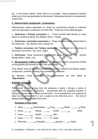 Dr G SUBBARAO, PROFESSOR, A V N INSTITUTE OF ENGG & TECH , HYD MOB: 9494413053
Page5
Eg: In the Ocean depths, where there is no sunlight, chemo-autotrophic bacteria
make use of the heat generated by the decay of radioactive elements for preparation
of their food .
2. Hetero-trophic components ( Consumers) :
Hetero-trophic means dependent on others for nourishment directly or indirectly
upon the autotrophs ( producers ) for their food. These are of the following types:
a. Herbivores ( Primary consumers ) : These animals feed directly on living
plants or remains of plants. Eg: Rabbits, Deer’s, Insects.
b. Carnivores ( secondary consumers ): These carnivores (flesh eating) feed on
the herbivores. Eg: Snakes, birds, Lizards, fox.
c. Tertiary consumers (or) Tertiary carnivores: These feed on the primary &
secondary consumers. Eg: Lions, Tigers.
d. Omnivores: These consumers feed on both plants & animals. Eg Human
beings, Birds ( hawk ) etc…
3. Decomposers or Micro consumers: They feed on organic compounds of dead
or living plants and animals for their food and energy.
They absorb some of the products from decomposed material and release organic
compounds ( nutrients ) making them available to producers.
Eg: Bacteria, Fungi, Flagellates. The decomposers are also called as
“Saprotrophs”.
FOOD CHAIN:
The transfer of food energy from the producers ( plants ) through a series of
organisms (Herbivores, Carnivores) successively with the repeated activities of
eating and being eaten is known as food chain. In an ecosystem(s), one organism is
eaten by the second which in turn is eaten by the third and so on... This kind of
feeding relationship is called food chain.
Examples of food chain:
1. Grass Grasshopper Frog Snake Hawk.
2. Grass Mouse Snake Hawk.
3. Grass Rabbit Man .
4. Grass Mouse Hawk.
5. Plant leaf Caterpillar Sparrow Hawk.
www.jntuworld.com
www.jntuworld.com
 