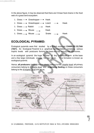 Dr G SUBBARAO, PROFESSOR, A V N INSTITUTE OF ENGG & TECH , HYD MOB: 9494413053
Page8
In the above figure, it may be observed that there are 5 linear food chains in the food
web of a grass land ecosystem.
1. Grass Grasshopper Hawk
2. Grass Grasshopper Lizard Hawk
3. Grass Rabbit Hawk
4. Grass Mouse Hawk
5. Grass Mouse Snake Hawk
ECOLOGICAL PYRAMID:
Ecological pyramids were first studied by a British ecologist CHARLES ELTAN
(1927). An Ecological Pyramid is a graphical representation consisting various
trophic levels with producers forming the base and top occupy the carnivores.
In an ecological pyramid the huge number of tiny individuals form at the base
and a few large individuals occupy the top / apex . This formation is known as
ecological pyramid.
Hence, all producers (micro & macro plants) belong to the I trophic level; all primary
consumers belong to II trophic level and organisms feeding on these consumers
belong to the III trophic level and so on.
www.jntuworld.com
www.jntuworld.com
 