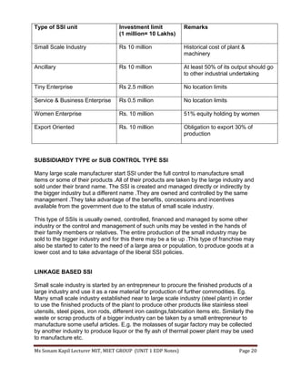 Ms Sonam Kapil Lecturer MIT, MIET GROUP (UNIT 1 EDP Notes) Page 20
Type of SSI unit Investment limit
(1 million= 10 Lakhs)
Remarks
Small Scale Industry Rs 10 million Historical cost of plant &
machinery
Ancillary Rs 10 million At least 50% of its output should go
to other industrial undertaking
Tiny Enterprise Rs 2.5 million No location limits
Service & Business Enterprise Rs 0.5 million No location limits
Women Enterprise Rs. 10 million 51% equity holding by women
Export Oriented Rs. 10 million Obligation to export 30% of
production
SUBSIDIARDY TYPE or SUB CONTROL TYPE SSI
Many large scale manufacturer start SSI under the full control to manufacture small
items or some of their products .All of their products are taken by the large industry and
sold under their brand name. The SSI is created and managed directly or indirectly by
the bigger industry but a different name .They are owned and controlled by the same
management .They take advantage of the benefits, concessions and incentives
available from the government due to the status of small scale industry.
This type of SSIs is usually owned, controlled, financed and managed by some other
industry or the control and management of such units may be vested in the hands of
their family members or relatives. The entire production of the small industry may be
sold to the bigger industry and for this there may be a tie up .This type of franchise may
also be started to cater to the need of a large area or population, to produce goods at a
lower cost and to take advantage of the liberal SSI policies.
LINKAGE BASED SSI
Small scale industry is started by an entrepreneur to procure the finished products of a
large industry and use it as a raw material for production of further commodities. Eg.
Many small scale industry established near to large scale industry (steel plant) in order
to use the finished products of the plant to produce other products like stainless steel
utensils, steel pipes, iron rods, different iron castings,fabrication items etc. Similarly the
waste or scrap products of a bigger industry can be taken by a small entrepreneur to
manufacture some useful articles. E.g. the molasses of sugar factory may be collected
by another industry to produce liquor or the fly ash of thermal power plant may be used
to manufacture etc.
 