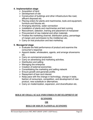 Ms Sonam Kapil Lecturer MIT, MIET GROUP (UNIT 1 EDP Notes) Page 23
4. Implementation stage
 Acquisition of land
 Development of site
 Construction of buildings and other infrastructure like road,
affluent disposed etc.
 Placing orders for plants and machineries, tools and equipment,
furniture and fixtures etc.
 Arranging electricity, water connection
 Installation of plants and machineries and test running
 Recruitment, selection, training and placement of manpower
 Procurement of raw material and other materials
 Finalise the marketing channel, distribution policy, percentage
of margin and commission to the middleman etc.
 Carry on trial production and test marketing
5. Managerial stage
 Evaluate the field performance of product and examine the
consumer’s response
 Appoint dealer, wholesalers, agents, and arrange showrooms
etc.
 Carry on commercial production
 Carry on advertising and marketing activities.
 Distribution and selling
 Managing the enterprise
 Creation of external economies
 Consolidating the marketing and selling network
 Ensure growth and generate profits
 Repayment of loan and interest.
 Keep pace with the change in technology, change in taste,
fashion of consumers, competition, and development of new
product, new substitute or alternatives.
 Carry on modernization, expansion, and diversification etc.
ROLE OF SMALL SCALE INDUSTRIES IN DEVELOPMENT OF
ECONOMY
OR
ROLE OF SSIS IN NATIONAL ECONOMY
 