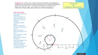 1
2
34
5
6
1 2 3 4 5 6
A
P
πD/2
P1
1toP
P2
2
to
P
P3
3 to P
P4
4toP
P
AtoP
P5
5toP
P6
6toP
INVOLUTE
OF
COMPOSIT SHAPED POLE
PROBLEM 20 : A POLE IS OF A SHAPE OF HALF HEXABON AND SEMICIRCLE.
ASTRING IS TO BE WOUND HAVING LENGTH EQUAL TO THE POLE PERIMETER
DRAW PATH OF FREE END P OF STRING WHEN WOUND COMPLETELY.
(Take hex 30 mm sides and semicircle of 60 mm diameter.)
SOLUTION STEPS:
Draw pole shape as per
dimensions.
Divide semicircle in 4
parts and name those
along with corners of
hexagon.
Calculate perimeter
length.
Show it as string AP.
On this line mark 30mm
from A
Mark and name it 1
Mark πD/2 distance on it
from 1
And dividing it in 4 parts
name 2,3,4,5.
Mark point 6 on line 30
mm from 5
Now draw tangents from
all points of pole
and proper lengths as
done in all previous
involute’s problems and
complete the curve.
 