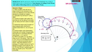 C
C1
C2
C3 C4
C
5
C
8
C6
C7
EPI CYCLOID :
P
O
R
r = CP
+
r
R
3600
=
1
2
3
4 5
6
7
Generating/
Rolling Circle
Directing Circle
PROBLEM 25: DRAW LOCUS OF A POINT ON THE PERIPHERY OF A CIRCLE
WHICH ROLLS ON A CURVED PATH. Take diameter of rolling Circle 50 mm
And radius of directing circle i.e. curved path, 75 mm.
Solution Steps:
1)  When smaller circle will roll on
larger circle for one revolution it will
cover Π D distance on arc and it will be
decided by included arc angle θ.
2)  Calculate θ by formula θ = (r/R) x
3600.
3)  Construct angle θ with radius OC
and draw an arc by taking O as center
OC as radius and form sector of angle
θ.
4)  Divide this sector into 8 number of
equal angular parts. And from C
onward name them C1, C2, C3 up to
C8.
5)  Divide smaller circle (Generating
circle) also in 8 number of equal parts.
And next to P in clockwise direction
name those 1, 2, 3, up to 8.
6)  With O as center, O-1 as radius
draw an arc in the sector. Take O-2, O-
3, O-4, O-5 up to O-8 distances with
center O, draw all concentric arcs in
sector. Take fixed distance C-P in
compass, C1 center, cut arc of 1 at P1.
Repeat procedure and locate P2, P3,
P4, P5 unto P8 (as in cycloid) and join
them by smooth curve. This is EPI –
CYCLOID.
 