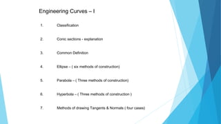 Engineering Curves – I
1. Classification
2. Conic sections - explanation
3. Common Definition
4. Ellipse – ( six methods of construction)
5. Parabola – ( Three methods of construction)
6. Hyperbola – ( Three methods of construction )
7. Methods of drawing Tangents & Normals ( four cases)
 