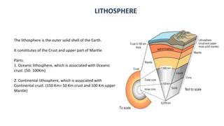 LITHOSPHERE
The lithosphere is the outer solid shell of the Earth.
It constitutes of the Crust and upper part of Mantle.
Parts:
1. Oceanic lithosphere, which is associated with Oceanic
crust. (50- 100Km)
2. Continental lithosphere, which is associated with
Continental crust. (150 Km= 50 Km crust and 100 Km upper
Mantle)
 