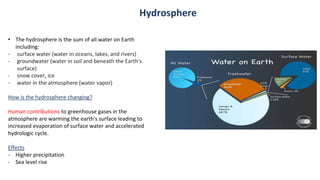 • The hydrosphere is the sum of all water on Earth
including:
- surface water (water in oceans, lakes, and rivers)
- groundwater (water in soil and beneath the Earth's
surface)
- snow cover, ice
- water in the atmosphere (water vapor)
How is the hydrosphere changing?
Human contributions to greenhouse gases in the
atmosphere are warming the earth's surface leading to
increased evaporation of surface water and accelerated
hydrologic cycle.
Effects
- Higher precipitation
- Sea level rise
Hydrosphere
 