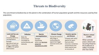 Human animal
conflict
When animals
pose a direct and
recurring threat to
the livelihood or
safety of people
and vice versa
The core threat to biodiversity on the planet is the combination of human population growth and the resources used by that
population.
Threats to Biodiversity
 