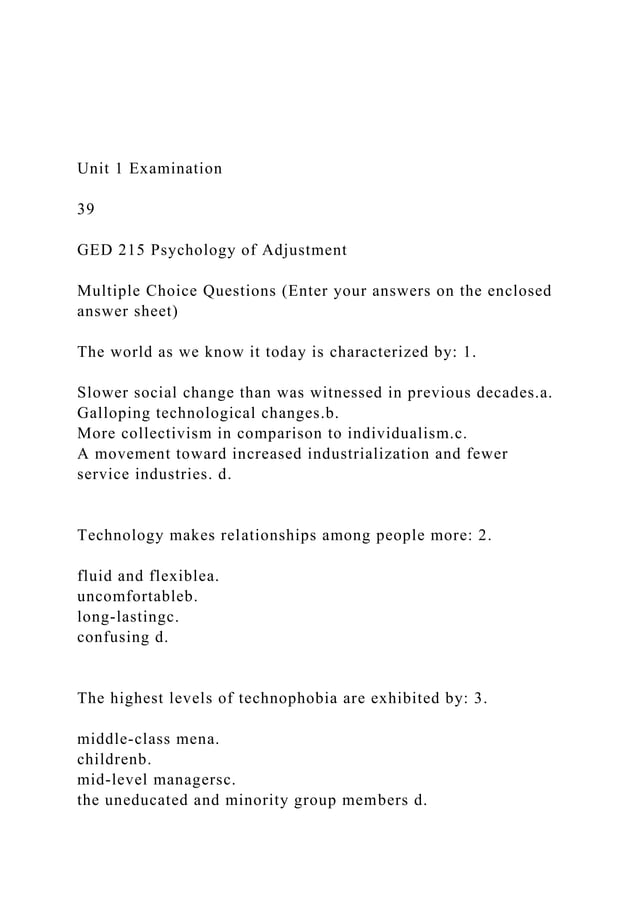 Unit 1 Examination39GED 215 Psychology of Adjustment.docx