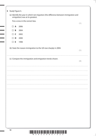 5 Study Figure 5.
            (a) Identify the year in which net migration (the difference between immigration and
                emigration) was at its greatest.
                         Put a cross in the correct box.
                                                                                                                                                                                                                                                                                                                                            (1)
                                    A                 2006
                                    B                 2004
                                    C                 2002
                                    D                 2000
                                    E                 1998


            (b) State the reason immigration to the UK rose sharply in 2004.
                                                                                                                                                                                                                                                                                                                                            (1)

. . . . . . . . . . . . ................................... . . . . . . . . . . . . . . . . . . . . . . . . . . . . . . . . . . . . . . . . . . . . . . . . . . . . . . . . . . . . . . . . . . . . ............................................................................................................................................. . . . . . . . . . . . . . . . . .


            (c) Compare the immigration and emigration trends shown.
                                                                                                                                                                                                                                                                                                                                            (3)

. . . . . . . . . . . . ................................... . . . . . . . . . . . . . . . . . . . . . . . . . . . . . . . . . . . . . . . . . . . . . . . . . . . . . . . . . . . . . . . . . . . . ............................................................................................................................................. . . . . . . . . . . . . . . . . .



. . . . . . . . . . . . ................................... . . . . . . . . . . . . . . . . . . . . . . . . . . . . . . . . . . . . . . . . . . . . . . . . . . . . . . . . . . . . . . . . . . . . . ........................................................................................................................................... . . . . . . . . . . . . . . . . . .



. . . . . . . . . . . . ................................... . . . . . . . . . . . . . . . . . . . . . . . . . . . . . . . . . . . . . . . . . . . . . . . . . . . . . . . . . . . . . . . . . . . . . ............................................................................................................................................ . . . . . . . . . . . . . . . . .



. . . . . . . . . . . . ................................... . . . . . . . . . . . . . . . . . . . . . . . . . . . . . . . . . . . . . . . . . . . . . . . . . . . . . . . . . . . . . . . . . . . . . ........................................................................................................................................... . . . . . . . . . . . . . . . . . .



. . . . . . . . . . . . ................................... . . . . . . . . . . . . . . . . . . . . . . . . . . . . . . . . . . . . . . . . . . . . . . . . . . . . . . . . . . . . . . . . . . . . . ............................................................................................................................................ . . . . . . . . . . . . . . . . .



. . . . . . . . . . . . ................................... . . . . . . . . . . . . . . . . . . . . . . . . . . . . . . . . . . . . . . . . . . . . . . . . . . . . . . . . . . . . . . . . . . . . . ........................................................................................................................................... . . . . . . . . . . . . . . . . . .




            10
                                                                                                       *M38009A01020*
 