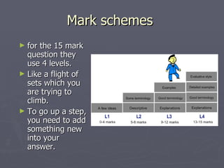 Mark schemes  for the 15 mark question they use 4 levels.  Like a flight of sets which you are trying to climb.  To go up a step, you need to add something new into your answer.  